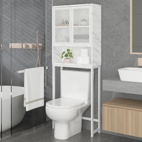 Launica Over The Toilet Storage Cabinet, Bathroom Organizer Over Toilet, Wood Metal Industrial Bathrooms Space Saver Shelf, Freestanding Bathroom Cabinet Above Toilet with Rack, White Marble - color: White Marble