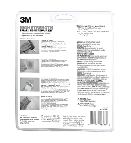 3M High Strength Small Hole Repair Kit, Inlcudes Spackling Compound, Putty Knife, Sanding Sponge, and Self-Adhesive Patch, For Hole Repairs Up To 3" in Diameter, Easy Wall Repair (SHR-SIOCKIT) - size: 4 Piece Set