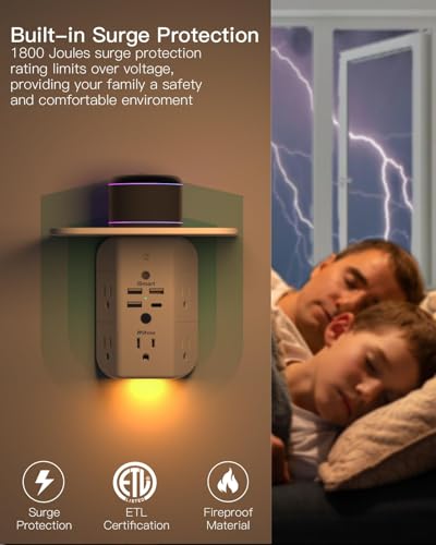 Wall Outlet Extender with Shelf and Night Light, Surge Protector, Wall Mount Charger Multi Plug Expander with 5 AC Outlets and 3 USB A Ports 1 USB C, Wide Space 3-Sided Power Strip Multi Plug Outlets - size: 1c3a