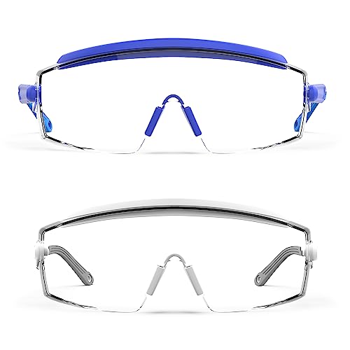 Anti Fog Safety Glasses Safety Goggles Over Glasses Protective Glasses with Anti Scratch Lenses Adjustable - color: 2 Pack (Blue + White)