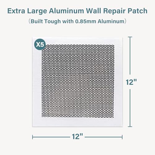 Drywall Repair Patch Kit 12x12 Inch - Heavy-Duty Aluminum Wall Repair Patch, Strong Self-Adhesive Mesh for Fixing Wall Holes & Cracks, Easy to Sand & Paint, 5 Pack