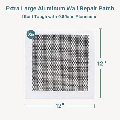 Drywall Repair Patch Kit 12x12 Inch - Heavy-Duty Aluminum Wall Repair Patch, Strong Self-Adhesive Mesh for Fixing Wall Holes & Cracks, Easy to Sand & Paint, 5 Pack