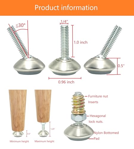 Furniture Levelers Swivel Feet,Angle Height Adjustable，Adjustable Nylon-Bottomed Pads for Table, Chair, and Furniture Legs-Pack of 8 ，1/4-20 Nut Inserts Kits(1/4" Nylon)