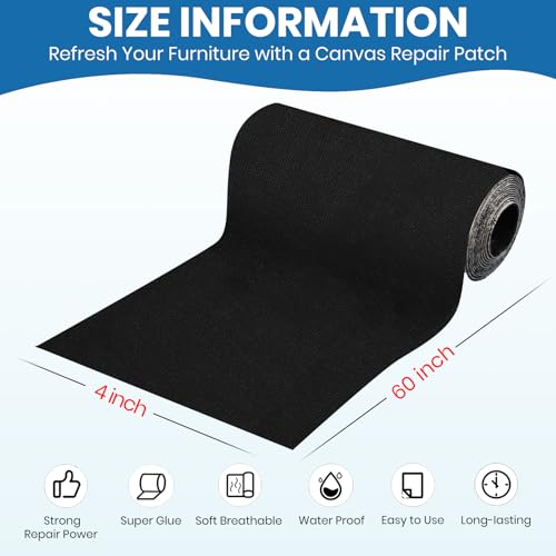 Canvas Patch 4 "x 60 ", Self-Adhesive Waterproof Canvas Patch Set for Repairing Tents, Couch, Boat Covers, Camping Chairs, Awnings, Car Seats.(Black) - color: Black, size: 4"×60"