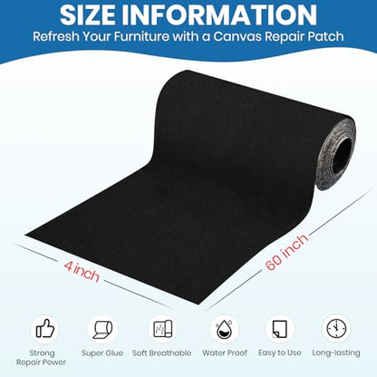 Canvas Patch 4 "x 60 ", Self-Adhesive Waterproof Canvas Patch Set for Repairing Tents, Couch, Boat Covers, Camping Chairs, Awnings, Car Seats.(Black) - color: Black, size: 4"×60"