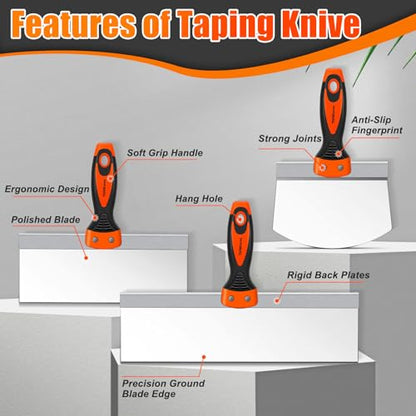 THINKWORK Drywall Knife Set, 10Pcs Drywall Tools Include Stainless Steel Putty Knife Set, Taping Knives, Painter Scraper, 14" Mud Pan and Scoop, Spackle Tool Kit for Joint Taping, Finishing, Patching