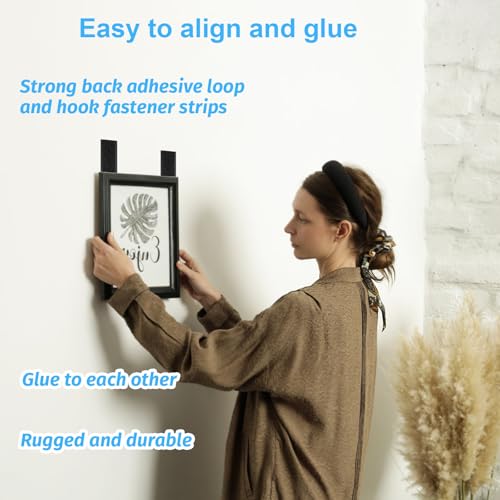 32 Sets 1x4 Inch Hook and Loop Strips with Adhesive, Strong Sticky Back, Heavy Duty Fasteners, Double Sided Mounting Tape for Wall Hanging Picture, Home, Office, School, No Holes Needed, Black