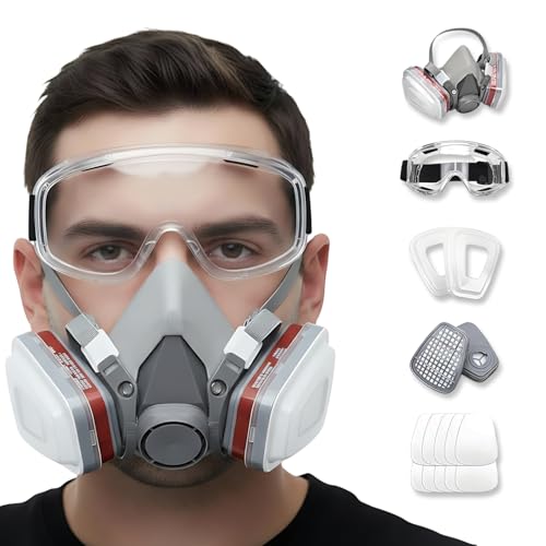 Respirator Mask for Spray Painting, Woodworking, Welding, Dust, and General Safety with Clear Eye Goggles, 10 Replacement Filters, Half Face Cover with Safety Glasses