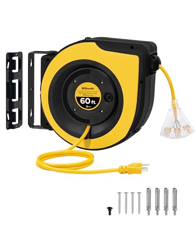 Retractable Cord Reel, 60 FT Heavy Duty Extension Cord, 12AWG/3C SJTOW, 3 Grounded Outlets Lighted Triple Tap, 15A Circuit Breaker, Wall/Ceiling Mounted, UL Listed, Yellow Y60CR06 - color: Yellow