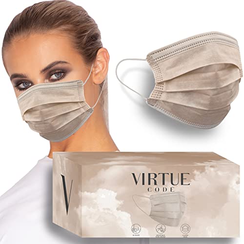VIRTUE CODE On The Go Curved Face Masks - Soft 3 Ply Comfort 50 Disposable Face Masks - color: Beige