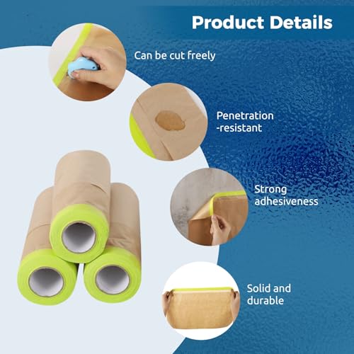 yeesport 4 Rolls Pre-Taped Masking Paper for Automotive Painting - 11.8 in x 49.2 Ft Tape and Drape, Adhesive Paint Protection Film for Walls, Floors, Cars, Frames & DIY Projects (No Residue) - size: 11.8 In x 49.2 Ft
