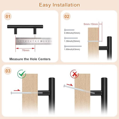 Probrico 5 Pack Holes Spacing (76mm) 3inch Black Kitchen Cabinet Handles Stainless Steel Matte Black Cabinet Pulls Round T-Shaped Pull Handle for Cabinets and Drawers Total Length 5inch(127mm) - color: Black, size: Hole Centers: 3"
