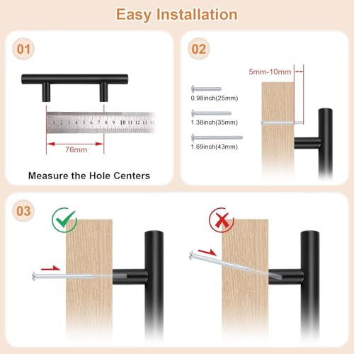 Probrico 5 Pack Hole Centers 3inch Stainless Steel Kitchen Cabinet Pulls,Flat Black Dresser Drawer Handles, 5inch Length Euro T Bar Pull Handle for Home Furnitures - size: Center to Center: 3 Inch