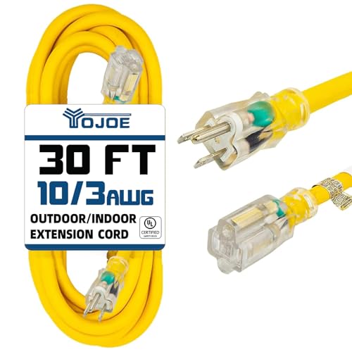 YOJOE Indoor Outdoor Extension Cord with Lighted End, 3 Prong 15A Weatherproof Power Cord, 10 Gauge Heavy Duty 30 ft Yellow Extension Cord for Garage, Garden and Home, 10/3 SJTW UL Listed - color: Yellow, size: 30 Foot