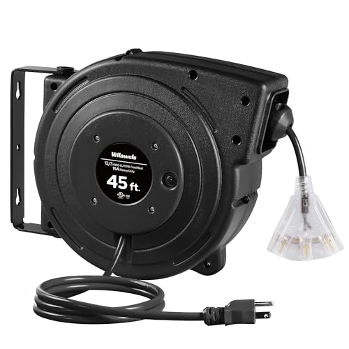 WILAWELS12 Gauge Retractable Extension Cord Reel, 45 FT 12AWG/3C SJTOW Heavy Duty Power Cord, 3 Grounded OutletsTriple Tap Cord Reel, Ceiling & Wall Mount, 15 Amp Circuit Breaker, UL Listed, H45CR06 - color: Black