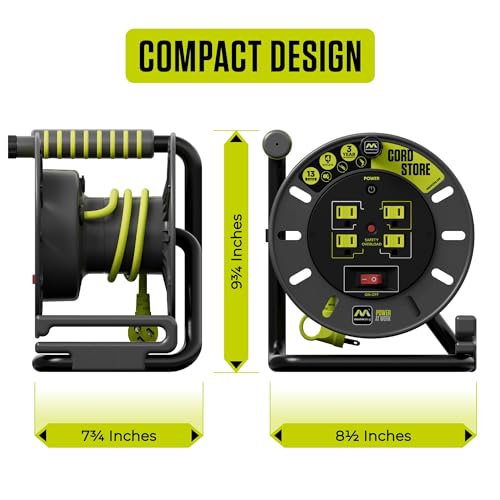 Masterplug 3ft Cord Reel, Retractable Extension Lead with Winding Handle, Safety Overload Circuit Breaker and Power Switch, 4x Grounded Outlets, 13amps, 14AWG Cable - size: 3 ft