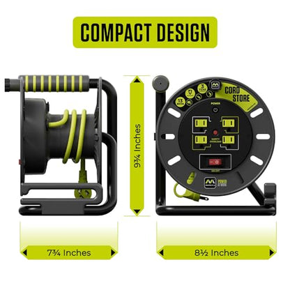 Masterplug 3ft Cord Reel, Retractable Extension Lead with Winding Handle, Safety Overload Circuit Breaker and Power Switch, 4x Grounded Outlets, 13amps, 14AWG Cable - size: 3 ft