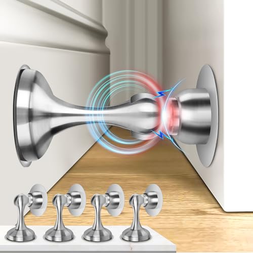 Crosize Magnetic Door Stoppers 4 Pack, Stainless Steel Door Stops for Wall and Floor Mounting, Door Holder Keep Door Open, No Drilling Door Stop with Adhesive Tapes, Silver - color: Silver, size: 4 Pack