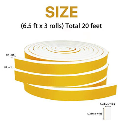 Weather Stripping Door Seal-3 Rolls,1/2 Inch Wide X 1/4 Inch Thick Total 20 Feet Long, Adhesive Soundproof Foam weatherstrip for Window Insulation(6.5ft x 3 Rolls) - size: 1/2" (W) x 1/4" (T) x 20' (L)