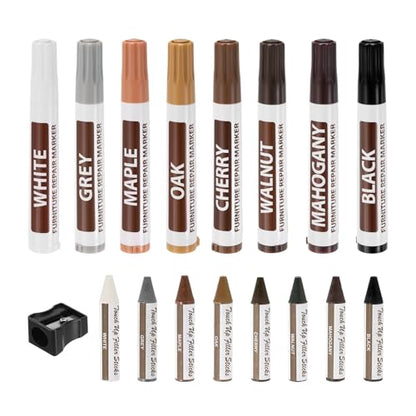 uxcell Furniture Repair Kit Wood Markers, Set of 17 Oil Based Paint Markers and Wax Sticks with Sharpener Kit for Scratches, Wood Floors, Tables, Carpenters, Touch Up, Cover Ups