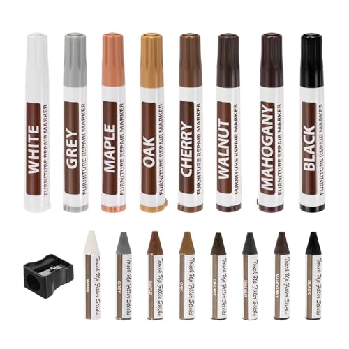 uxcell Furniture Repair Kit Wood Markers, Set of 17 Oil Based Paint Markers and Wax Sticks with Sharpener Kit for Scratches, Wood Floors, Tables, Carpenters, Touch Up, Cover Ups