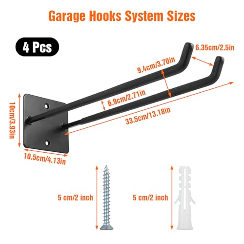 14 Inches Extra Large Garage Hooks, 4 Pack Heavy Duty Tool Organizer Wall Mount Hangers, Long Utility Storage Hooks for Car Tires, Chairs, Ladders, Ropes, Garden Tools, Power Tools