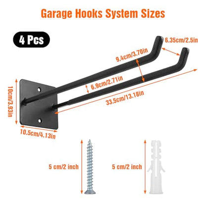 14 Inches Extra Large Garage Hooks, 4 Pack Heavy Duty Tool Organizer Wall Mount Hangers, Long Utility Storage Hooks for Car Tires, Chairs, Ladders, Ropes, Garden Tools, Power Tools