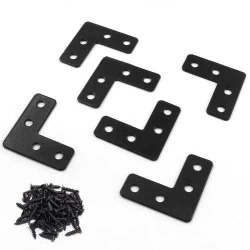 BokWin 20PCS Mending Plates，L-Shape Corner Braces Black Flat Corner Braces for Wood 1.57x1.57/ 40x40mm Right Angle Mending Repair Plates with Screws