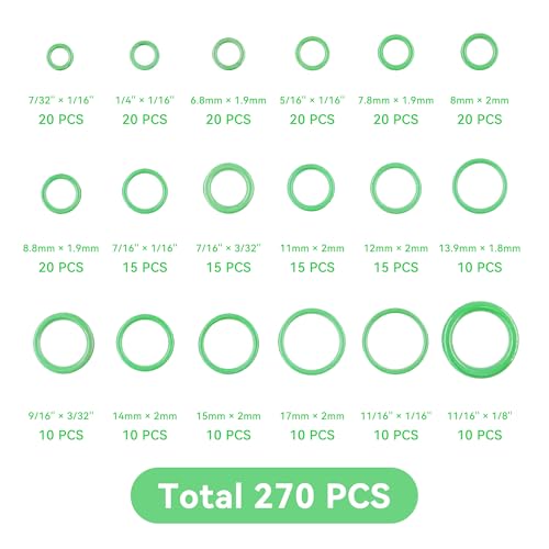 270PCS Seal Gasket Washer, Car Air Conditioning AC O Ring Kit, Seal O-Ring Assortment Kit, Universal Vehicle Repair Tool for Door, Window, Home Appliances (Green)