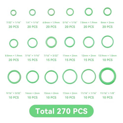 270PCS Seal Gasket Washer, Car Air Conditioning AC O Ring Kit, Seal O-Ring Assortment Kit, Universal Vehicle Repair Tool for Door, Window, Home Appliances (Green)