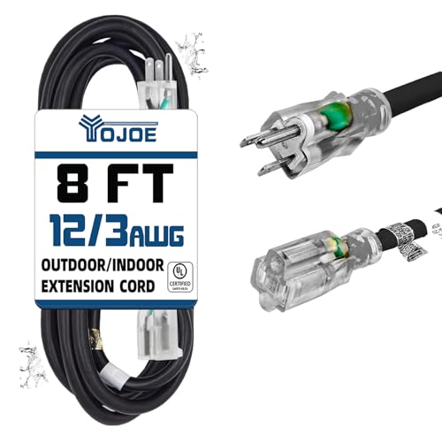 YOJOE Indoor Outdoor Extension Cord with Lighted End, 3 Prong 15A Weatherproof Power Cord, 12 Gauge Heavy Duty 8 ft Black Extension Cord for Garage, Garden and Home, 12/3 SJTW UL Listed - color: Black, size: 8 Foot, style: 12/3 Lighted-End
