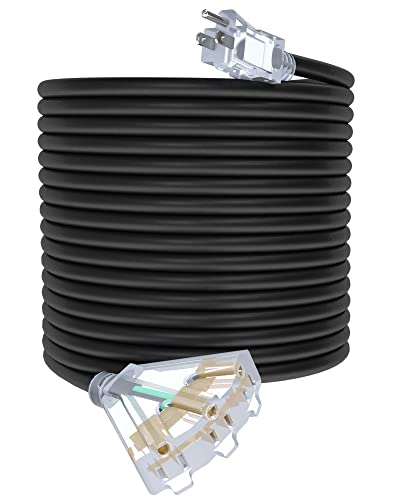 100Ft 12/3 Outdoor Extension Cord with 3-Outlets, Heavy Duty 12 Gauge 3 Prong Extension Cord Waterproof with Lighted end, 15A 12AWG 1875W SJTW, ETL Listed - Great for Garage, Garden and Home, Black - color: Black, size: 100FT