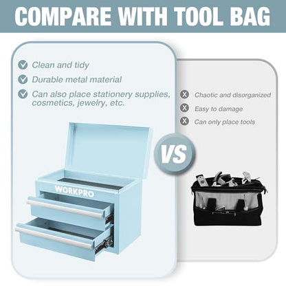 WORKPRO Metal Mini Tool Box, Top Tool Chest containing Two Drawers with Ball Bearing Slides, PVC Drawer Liners and PP Feet Pads, Durable Cold Rolled Steel Small Toolbox for Multi-Purpose Storage - color: Macaron Blue