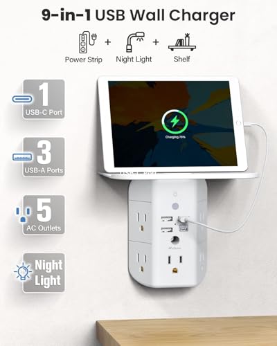 Wall Outlet Extender with Shelf and Night Light, Surge Protector, Wall Mount Charger Multi Plug Expander with 5 AC Outlets and 3 USB A Ports 1 USB C, Wide Space 3-Sided Power Strip Multi Plug Outlets - size: 1c3a
