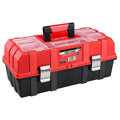MAXPOWER 16-Inch Tool Box, Three-Layer Folding Plastic Storage Toolbox, Multi-Function Organizer with Tray and Dividers, Tools Box with Stainless Steel Lock