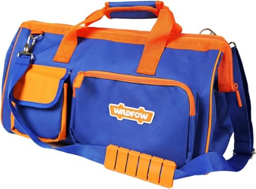 WADFOW 19-inch Tool Bag, Waterproof Wide Mouth Storage Bag with Adjustable Shoulder Straps for Professional and Daily Use,Blue and Orange
