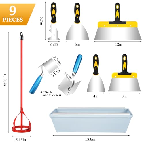 Lasnten 9 Pcs Drywall Knife and Drywall Corner Tool Set Includes Paint Scraper Knives Inside Outside Stainless Steel Corner Trowel, 16" Mud Pan Mixer with Soft Grip Handle for Wallpaper