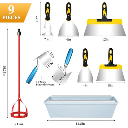 Lasnten 9 Pcs Drywall Knife and Drywall Corner Tool Set Includes Paint Scraper Knives Inside Outside Stainless Steel Corner Trowel, 16" Mud Pan Mixer with Soft Grip Handle for Wallpaper