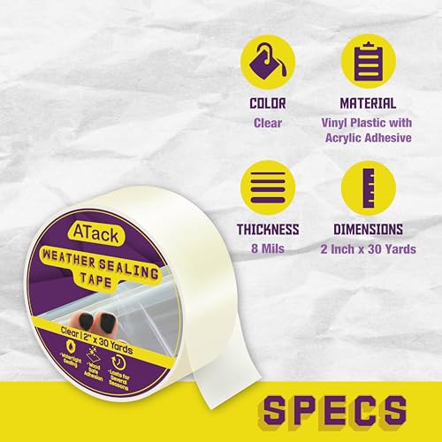 ATack Transparent Window Weather Sealing Tape, 2-Inch x 30 Yards, Clear Window Draft Isolation Sealing Film Tape- No Residue, Surface-Safe, Wood-Safe, Removes Cleanly - size: 2" X 30 Yards (Single Pack)