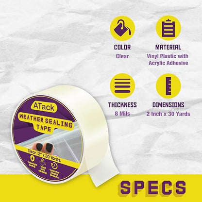ATack Transparent Window Weather Sealing Tape, 2-Inch x 30 Yards, Clear Window Draft Isolation Sealing Film Tape- No Residue, Surface-Safe, Wood-Safe, Removes Cleanly (Pack of 2) - size: 2" x 30 Yards (Single Pack) (Pack of 2)