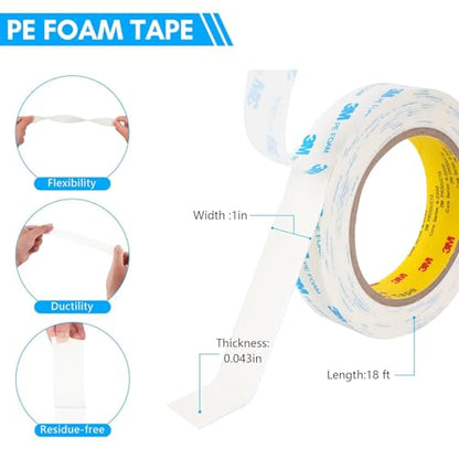 3M 1600T Double Sided Tape, PE Foam Tape 1" x 18 Ft White Removable Strong Adhesive No Residue for RV Picture Hanging, Posters Frames Wall Decor Indoor & Outdoor Use - size: 1.0" X 18ft