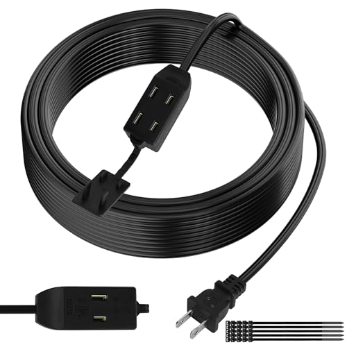 2 Prong Extension Cable 25 FT, Extra Long Power Cord With 3 Outlets, Flat Multiple Cable With Tamper Guard, ETL Listed, Outlet Saver, OFC, 16 Gauge Wire, 13A/125V, Black With 25 Pcs Ties - color: Black, size: 25 Feet