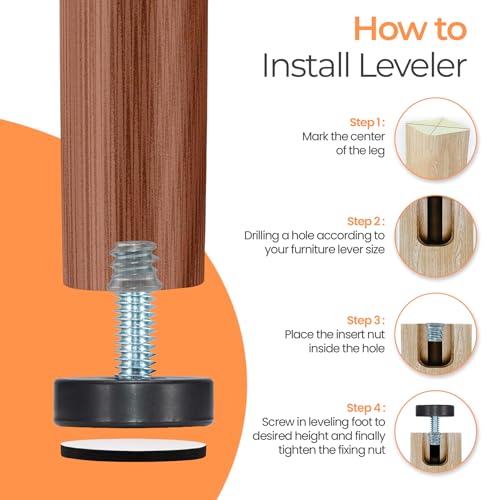 NEWBYTEK 24 Pack M6 Thread Adjustable Furniture Levelers with Self-Adhesive Felt Pads – 1" Leveling Feet & Floor Protectors for Chairs, Tables on Hardwood Floors