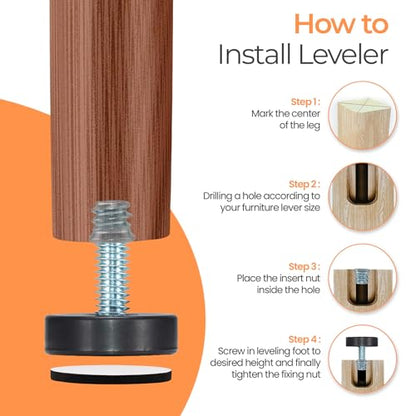 NEWBYTEK 24 Pack M6 Thread Adjustable Furniture Levelers with Self-Adhesive Felt Pads – 1" Leveling Feet & Floor Protectors for Chairs, Tables on Hardwood Floors