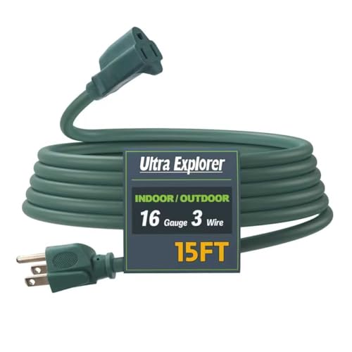 15 Ft Indoor Outdoor Green Extension Cord, 16/3 SJTW Heavy Duty Water-Resistant, 3 Prong Grounded Plug Power Cord for Home Appliance, Lights and Lawn, 13A 1625W, UL Listed - color: Green, size: 15', style: No Lighted