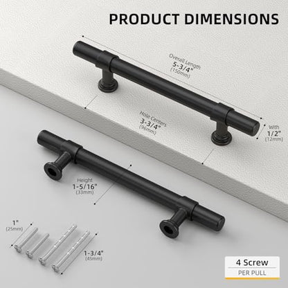 Goldenwarm 10 Pack Black Cabinet Handles Matte Black Cabinet Pulls - LST18BK96 Kitchen Drawer Pulls Rustic Drawer Handles 3-3/4 Inch Hole Center T Bar Dresser Hardware - color: Black, size: 3-3/4 in Hole Center (96mm)