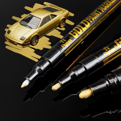 Metallic Chrome Paint Pens, 3 Different Sizes of Gold Liquid Chrome Markers Mirror Effect Single Colors Permanent Liquid Chrome Pen for Model, Metal, Glass, Plastic, Rock Painting - color: Gold