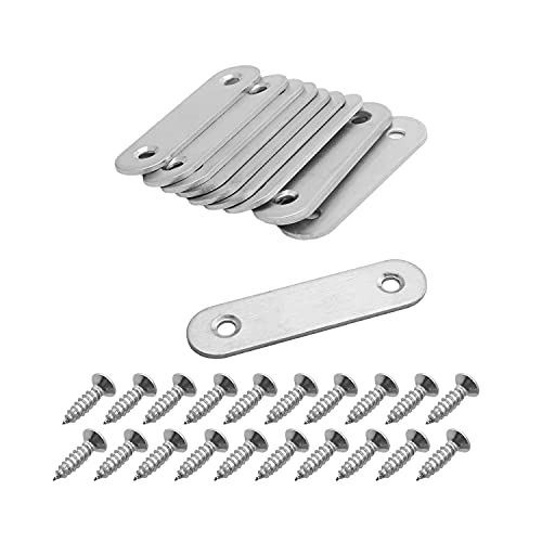 MroMax 10Pcs 201 Stainless Steel Straight Brackets 2.36" x 0.63" Flat Straight Braces Brushed Metal Fixed Connecting Plate for Repairing Furniture, Bookcase, Table, Chair Legs 2 Holes with Screws - size: 2.36"x 0.63"x 0.08"(LxWxT)