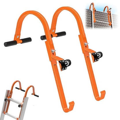 Roof Ladder Hook, 2 Pack Ladder Stabilizer with Wheel, Heavy Duty Steel 500 Lbs Weight Ratin Roof Ridge Extension, Rubber Grip T-Bar for Damage Prevention, Fast and Easy Setup to Access Steep Roofs