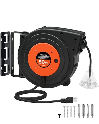 Retractable Extension Cord Reel, 50 FT Heavy Duty Power Cord, 14AWG/3C SJTOW, 3 Grounded Outlets Lighted Triple Tap, 13 Amp Circuit Breaker, UL Listed, Orange B50CR06 - color: Orange
